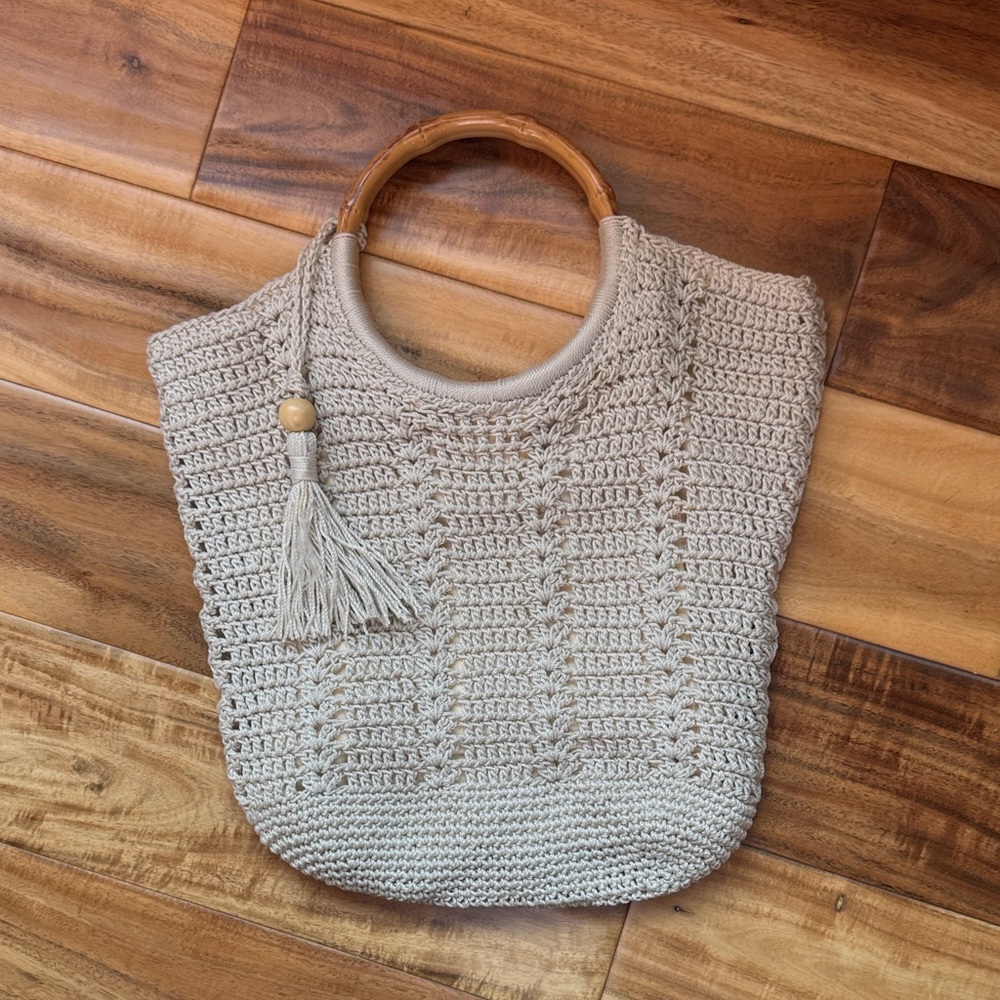Studio Collection Beige Crochet Tote Bag with Bamboo Handle